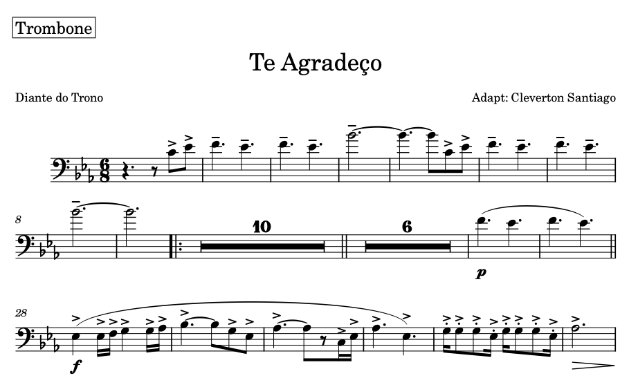 Partitura Gospel Naipe de Metais da Música "Te Agradeço" - Diante do Trono