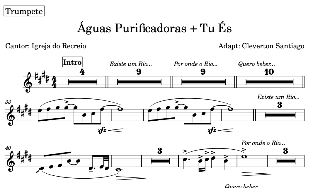 Partitura Gospel Naipe de Metais da Música "Aguas Purificadoras" - Igreja do Recreio